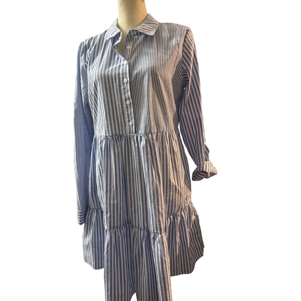 Copper Key Blue & White Striped Button Front Tiered Shirt Dress, Medium, NWT